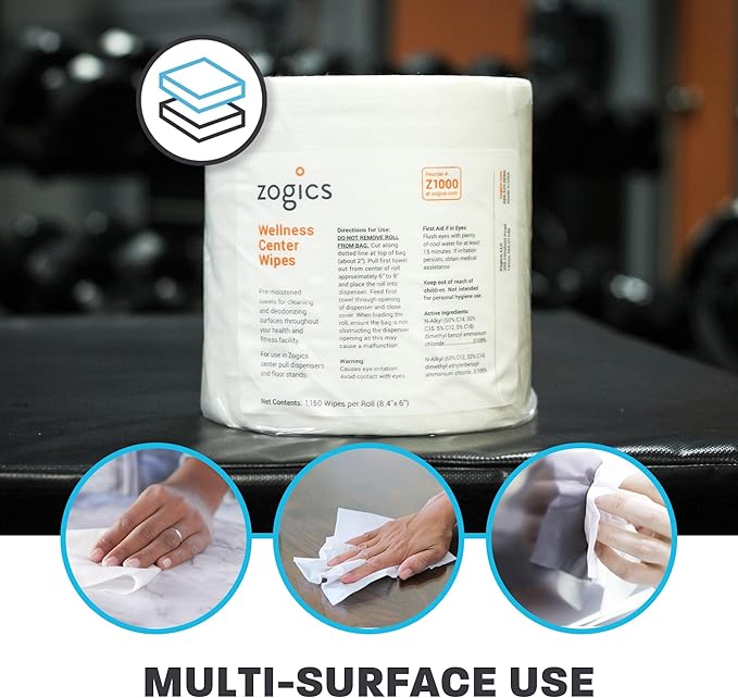 Zogics Wellness Center Cleaning Wipes – Gym Equipment Wipes for Cleaning Surfaces and Equipment Durable and Safe Pre-Saturated (4600 Count 4 Rolls of 1150)