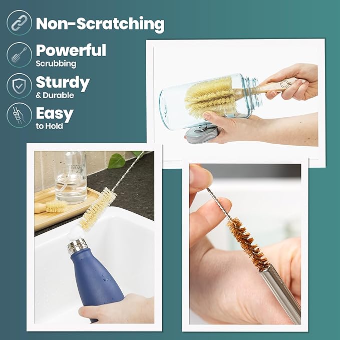 Bottle Brush Set - Ergonomic &amp Plastic Free Bamboo Bottle Brush All in One Bottle And Straw Brush Cleaning Set Sturdy Eco Friendly Water Bottle Cleaner Brush Set Great Baby Bottle Cleaner Brush