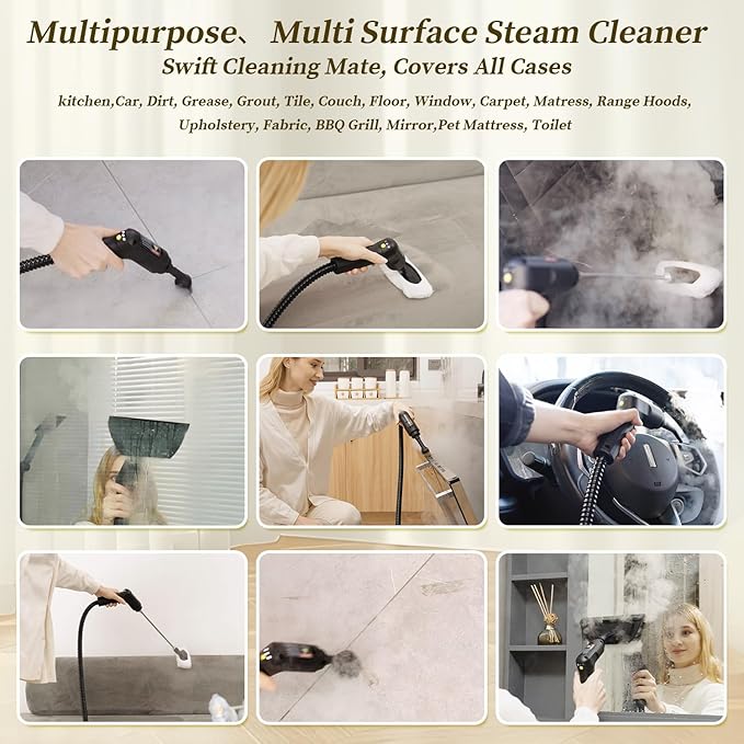 Steam Cleaner15s Heat-Up1.6L Tank3-Level Adjustable Handle2500W Steamer for CleaningPortable Steamer for Cleaning with 16PCS AccessoriesSteam Cleaner for HomeGroutTileCouchCarDirtGrease