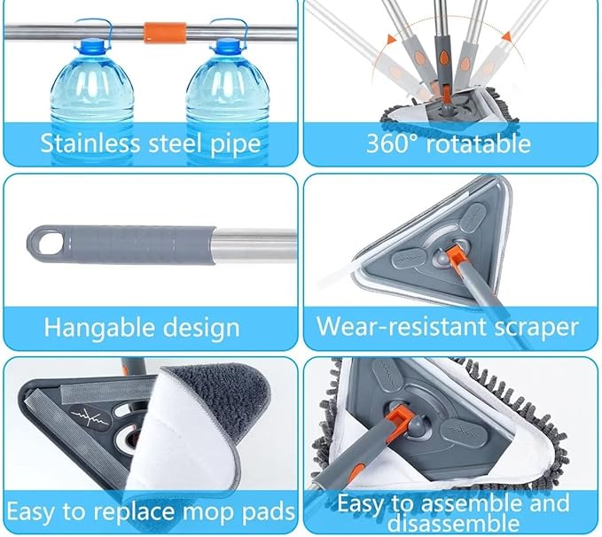 Wall Mop with Long Handle 360 ° Rotating Triangle Microfiber Cleaning Adjustable Dry and Wet Dust Cleaner for Floor