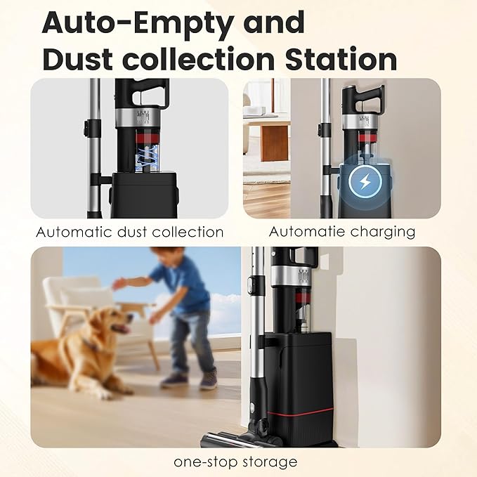 soges Auto-Empty &amp Self-Charging Cordless Stick Vacuum Cleaner with Anti-Tangle Brushroll HEPA Enclosed Barrier System Charging Dock Lightweight Handheld for Pet Hair Hard Floors 45 Min Runti