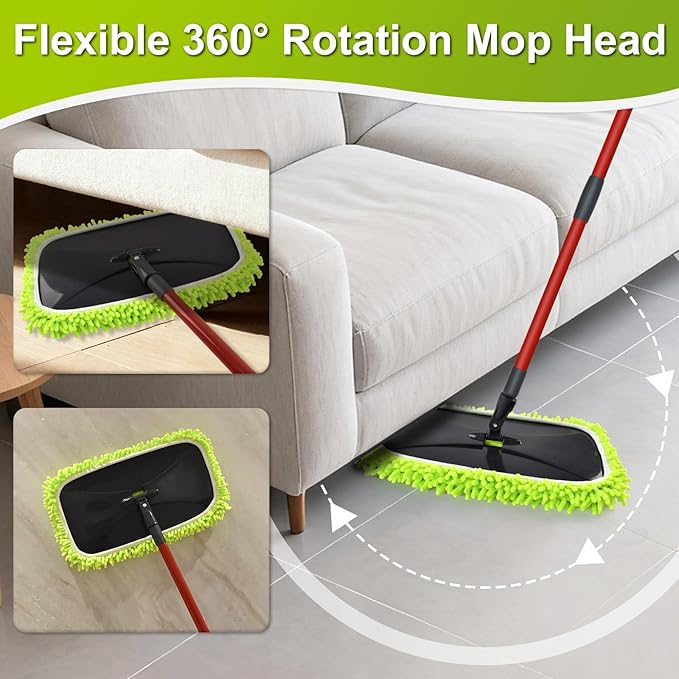 Mops for Floor Cleaning Dust Mop for Hardwood Floors Extra Large Floor Mop with Extendable Handle and 3 Reusable Chenille Mop Pads Flat Dust Mops for Hardwood Marble Vinyl Tile Floors Cleaning