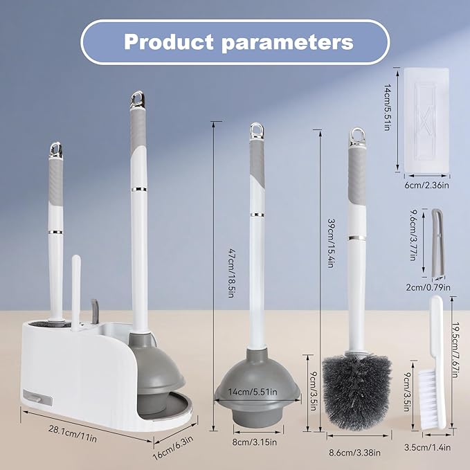 Toilet Brush and Plunger Set 4 in 1 Toilet Brush and Holder with Crevice Cleaning Brush and Clip Deep Cleaning Wall Mounted Home Bathroom Cleaning Tool Combo （Gray 1）