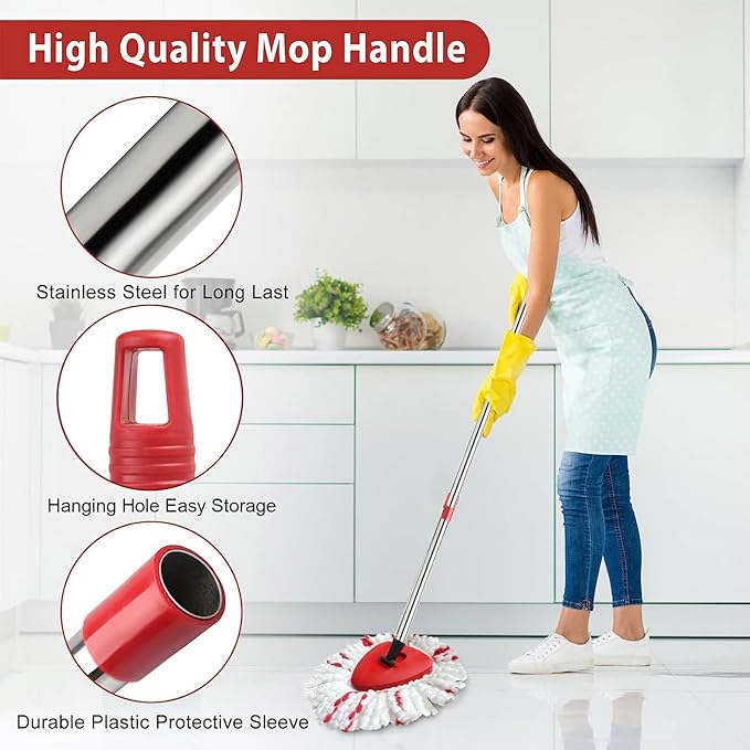Spin Mop Replacement Head Base Handle Compatible with Ocedar Mop Set EasyWring 1-Tank Microfiber Spin Mop 2 Refills Replacement Heads 30-58in Handle and 1 Base Combo Set
