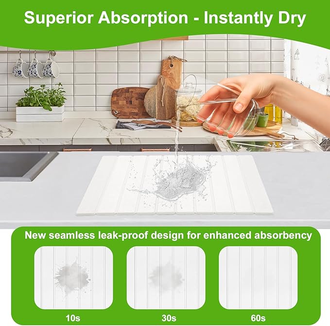 Stone Dish Drying Mat for Kitchen Counter Diatomaceous Earth Water Absorbing Mat Foldable and Super Absorbent Dish Drying Stone Mat for Dishes Bottles Cups Match Any Countertop -White
