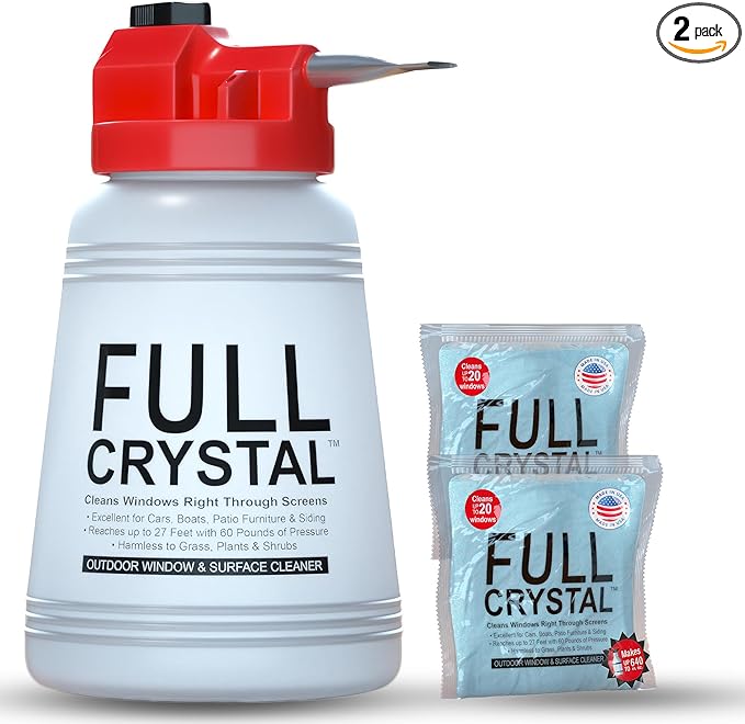 Full Crystal Window Cleaning Kit – 8 oz Glass Cleaner and Bottle with 27 ft Reach Each 4 oz Bag Makes Up to 640 fl oz Cleans Up to 40 Windows Scrub-Free Rinse-Free