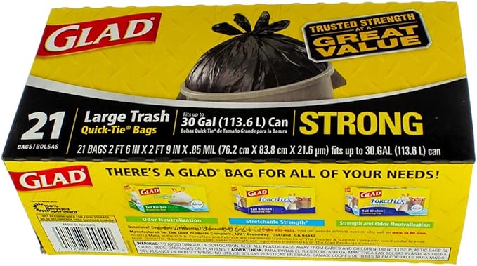 Glad 30 Gal. 3-Ply Strength Strong Large Trash Quick-Tie Bags 21 ct (Pack of 9)