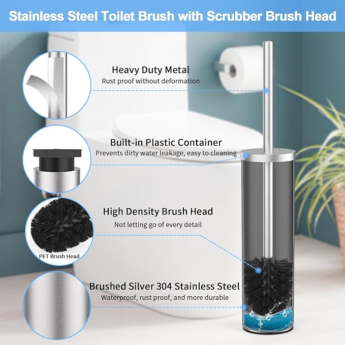 Stainless Steel Toilet Brush and Holder Set Wall Mount Heavy Duty Toilet Bowl Brush Brushed Silver Toilet Bowl Brush Set with Long Handle for Bathroom and Farmhouse