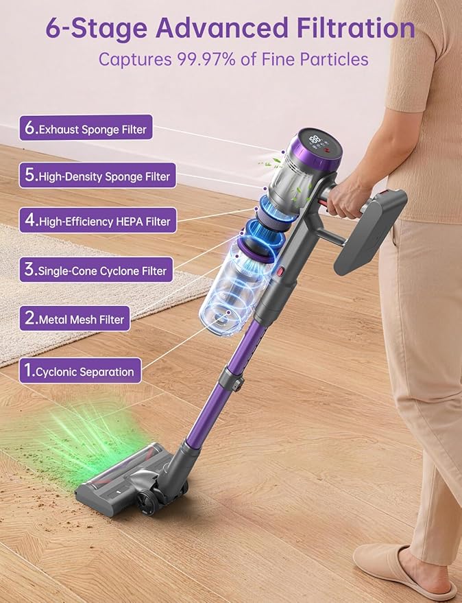 OXVAC Cordless Vacuum Cleaner 60KPa 650W Stick Vacuum with 80Mins Runtime Smart AUTO Mode Anti-Tangle Brush Self-Standing Vacuum Cleaner for Home Pet Hair Carpet &amp Hardwood Floor Purple