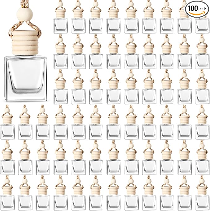 BBTO 100 Pcs Car Air Fresheners Diffuser with Wooden Cap Empty Aromatherapy Diffuser Clear Car Fragrance Holder Pendant Hanging Perfume Fresheners Bottles for Decor(CubeClear)
