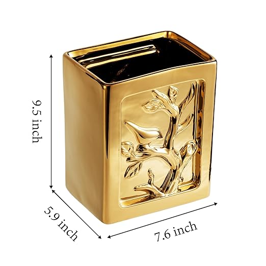 Gold Bathroom Trash CanLuxury Ceramic Hand Carved Decor Garbage Can1.32 Gallon/5 Liter Stylish Small Waste Basket for BathroomOfficePartyRoom