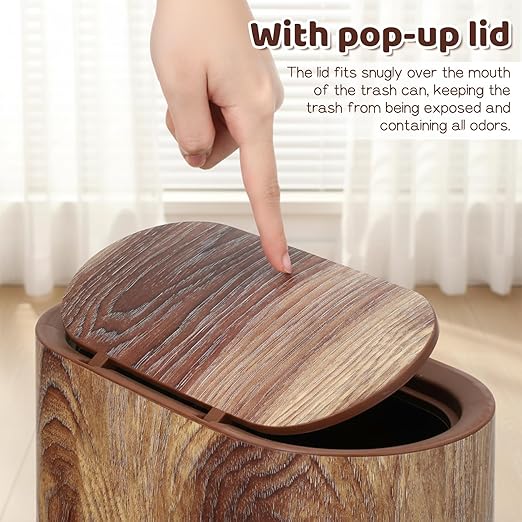 Bathroom Trash Can with Pop-Up Lid Lids Small Garbage Bin Plastic Marble Wood Pattern Trashcans Removable Liner Bucket Wastebasket Modern Narrow Waste Basket for Home Kitchen Bedroom Office