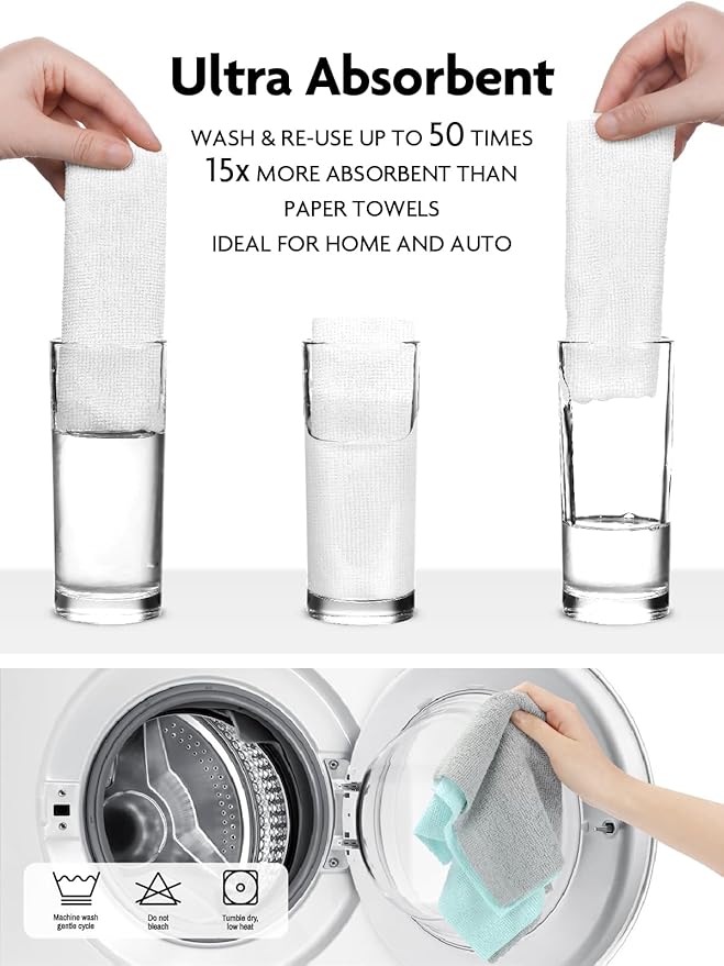 Fantasticlean Microfiber Cleaning Cloth Roll -60 Pack Tear Away Microfiber Towels 12 x 12 Reusable Washable Scratch Free Ultra Absorbent Dishcloth for All-Around Cleaning (White &amp Blue)