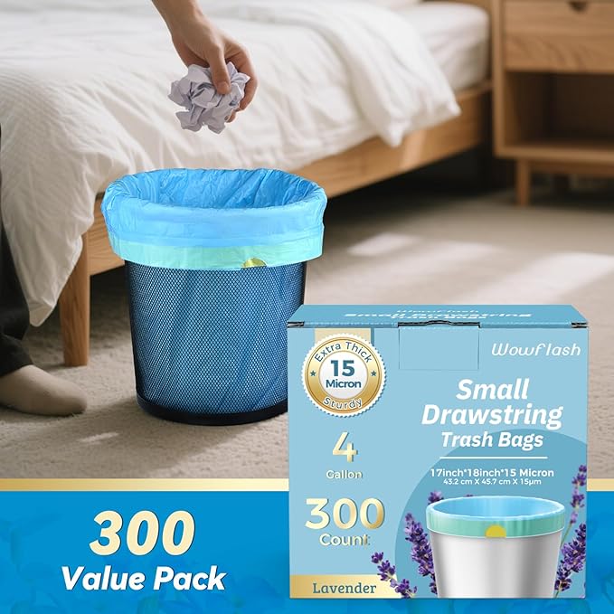300 Count 15 Micron Extra Thick 4 Gallon Drawstring Small Trash Bags Sturdy &amp Tear-Resistant Small Garbage Bags for Bathroom Office Bedroom &amp Kitchen