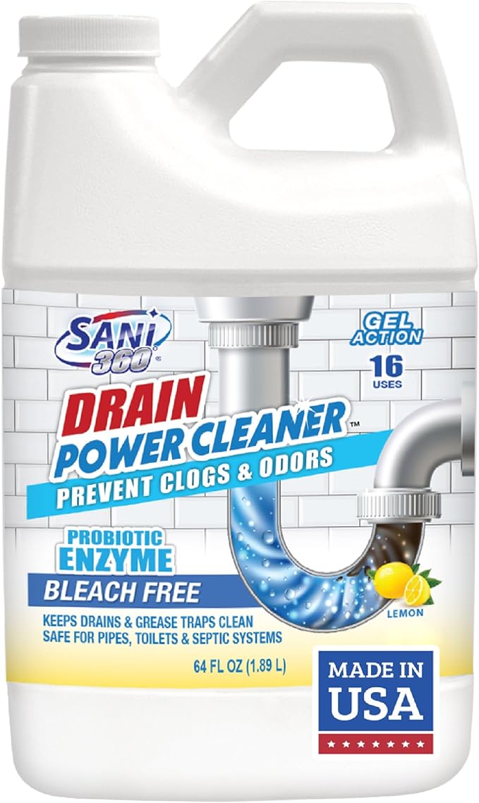 Sani 360 Drain Power Cleaner and Maintenance Enzyme Probiotic Odor remover Drain and Garbage Disposal Cleaner Flush Away Grease Soap Scum Lemon scent Septic safe. 16 uses Made in the USA
