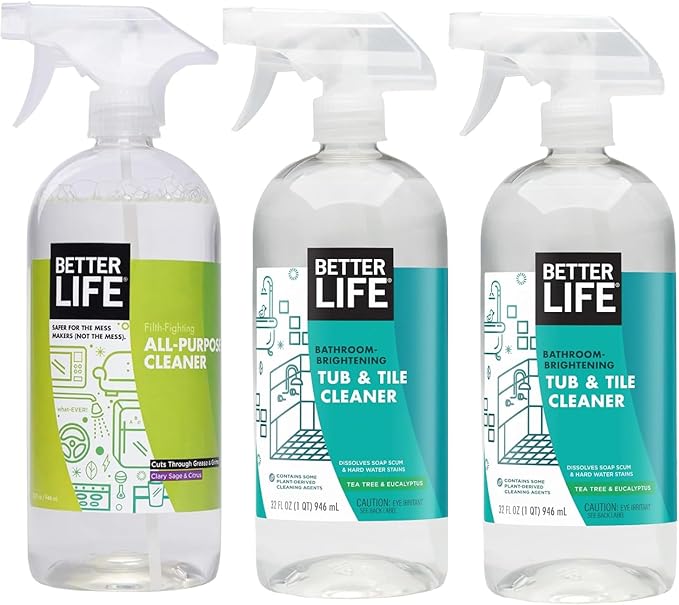 Better Life Bathroom Cleaner 32 Oz 2 Pack + All Purpose Cleaner Clary Sage and Citrus 32 Oz 1 Pack