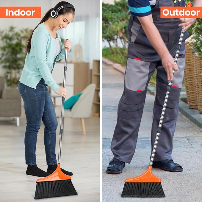 4 Pack Heavy-Duty Angle Broom for Floor Cleaning with 52 Long Handle Stiff Bristle Angle Commercial and Industrial Broom Indoor Outdoor Broom for Garage Kitchen Office Lobby Patio