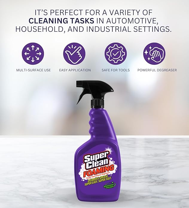 Super Clean Citrus Scent Foaming Cleaner and Degreaser Spray 32 oz Bundle with Microfiber Cloth - Heavy Duty Degreaser for Kitchen Oil Grime and Dirt Removal - (4 Items)