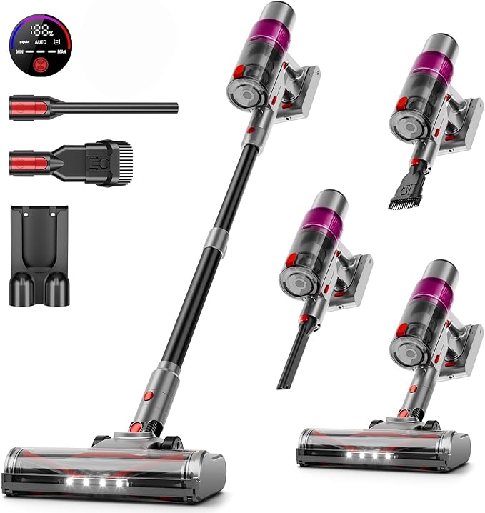 KIKETECH Cordless Vacuum Cleaner Large Capacity Rechargeable Battery for Pet Hardwood Floors Tile Floors Car CarpetElectric LED Brush 1-Hand Op. Black