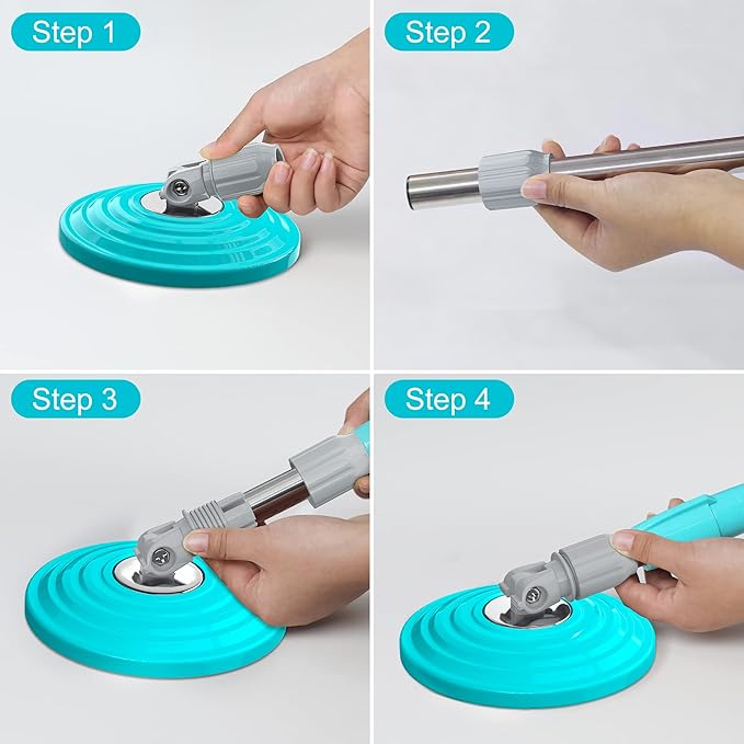 Stainless Steel Extendable Mop Handle with 2 Microfiber Replacement Heads &amp 360° Rotating Base Plate — Fits Standard Mop Buckets -Blue
