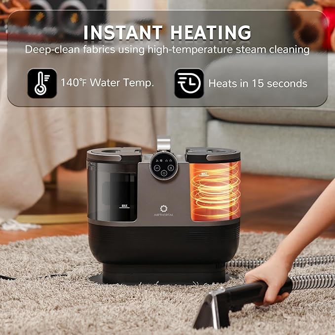 Airthereal S1 Carpet Cleaner Machine Instant Heating Portable Upholstery Spot Cleaner Shampooer Machine with Self-Cleaning 14 Kpa Stain Remover Deep Cleaner for Pets Stairs Car Seat and Couch