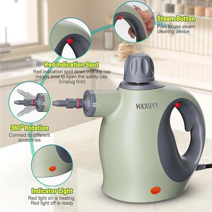 Multi-Surface Handheld Pressurized Steam Cleaner with 13 PCS Accessory Portable Steamer for Cleaning Multipurpose Steam Cleaner for Home/Car/Bathroom/Grease/Upholstery/Floor/Grout and More (Green)