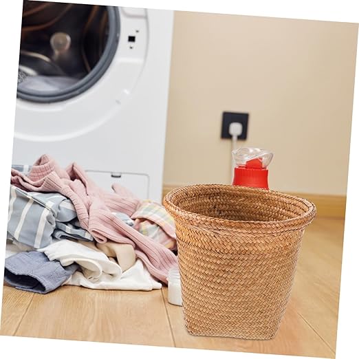 PRETYZOOM 1pc Trash Can Lid Straw Woven Storage Basket for Shelves Garbage Can Bedroom Office Wastebasket Random Color