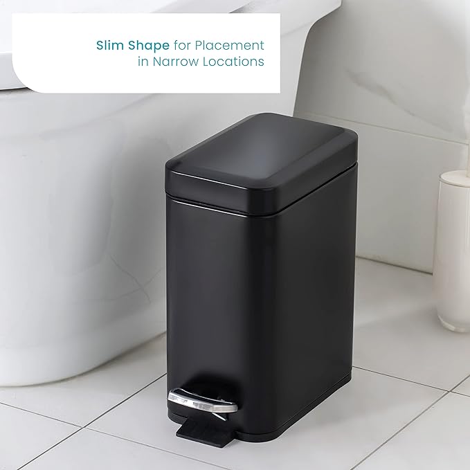 Home Zone Living 1.3 Gallon Small Bathroom Trash Can with Lid and Step Pedal Stainless Steel Wastebasket with Slim Design for Home and Office Matte Black 5 Liters