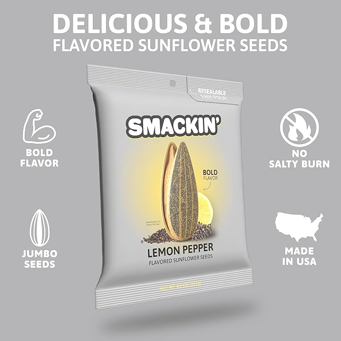 SMACKIN' - Jumbo Roasted Sunflower Seeds No Salty Burn American Made Easy Pour &amp Seal - Lemon Pepper 4oz bag (12 Bags)