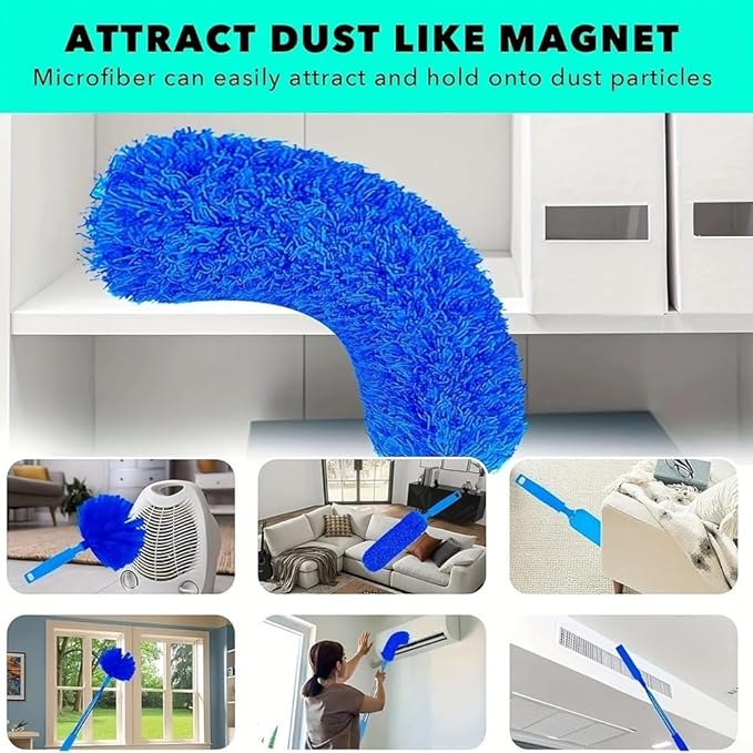 6pcs Telescopic Duster Set Extendable to 213cm Microfibre Mop with Hook High Ceilings and Cobwebs Washable Cleaning Brush Kit Blue