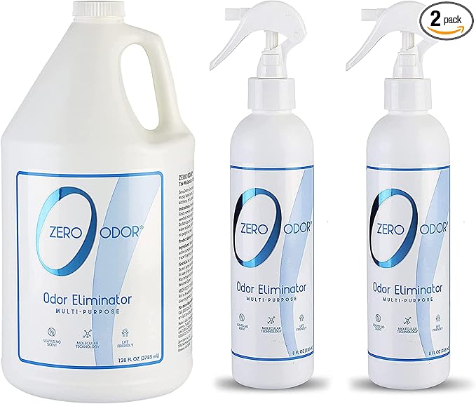 Zero Odor Multi-Purpose Household Odor Eliminator Spray Two Pack 8oz Patented Technology Best for Bathroom Kitchen Fabrics Closet- Smell Great Again 128oz