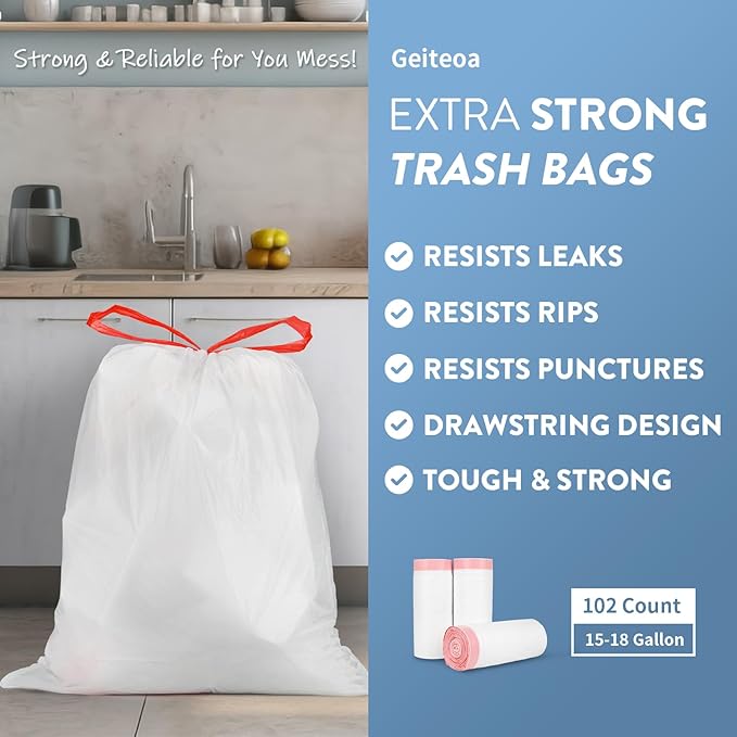 15-18 Gallon Drawstring Trash Bags - (102 Count) Ultra Large Trash Can Liners Heavy Duty Strong White Plastic Garbage Bags for Home Kitchen Office Lawn Commercial