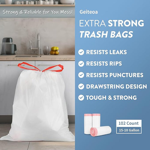 15-18 Gallon Drawstring Trash Bags - (102 Count) Ultra Large Trash Can Liners Heavy Duty Strong White Plastic Garbage Bags for Home Kitchen Office Lawn Commercial