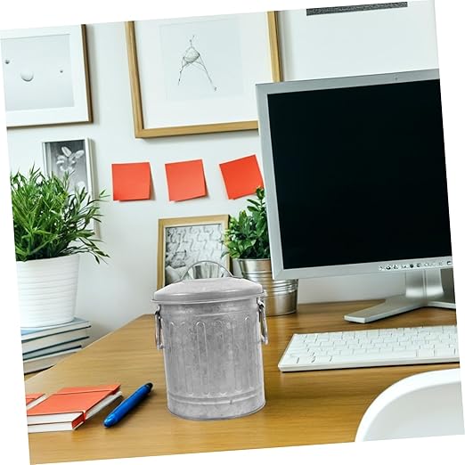 HOMSFOU Small Decorative Desktop Trash Bin for Office and Bedroom Vintage Iron Rubbish Container with Opening Multipurpose Reusable Wastebasket and Plant Holder Easy to Clean Storage