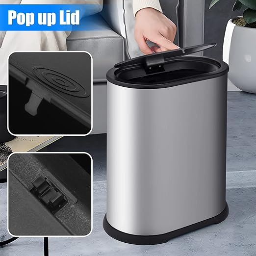 Anzoymx Stainless Steel Bathroom Trash Cans 1.8 Gallons Small Garbage Can with Pop up Lid Dog Proof Narrow Wastebasket Slim Waterproof Litter Trash Bins Set for Bedroom Toilet Office (Silver)