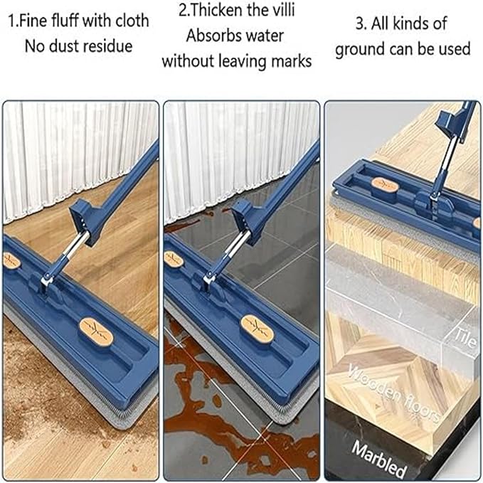 360° Adjustable Rotating Cleaning Mop with Automatic Compressed Water Triangular Mop for Cleaning Kitchen Walls Ceiling Corners (Flat) Blue + 6 Cloth)