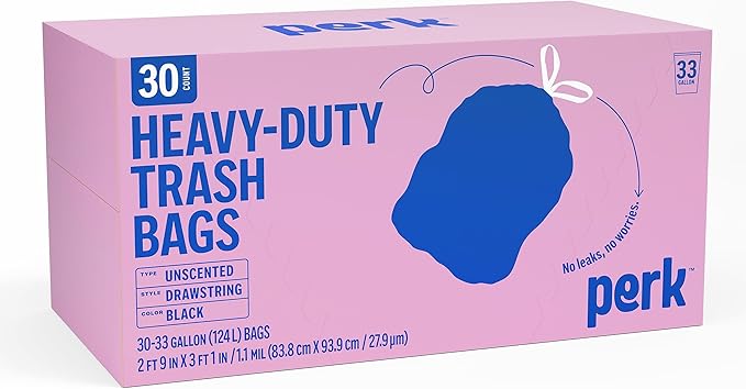 STAPLES PERK Black Kitchen Trash Bags 33 Gallon Garbage Can Liners Drawstring Closure Great for Home Office Classroom 30-Pack
