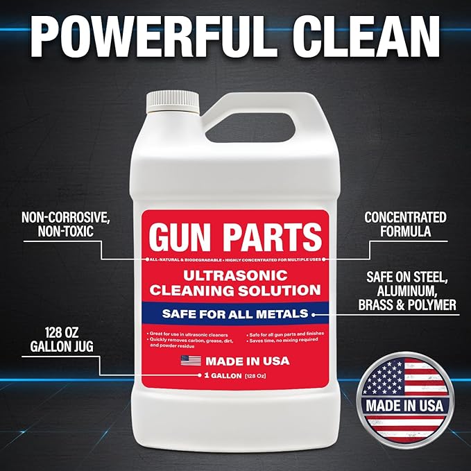 Ultrasonic Gun Cleaning Solution - 1 Gallon/128oz [Made in USA] Concentrated Formula Mixes into 6 Gallons - Firearm Cleaning Fluid for Brass &amp Gun Parts - for Ultrasonic Cleaner Use