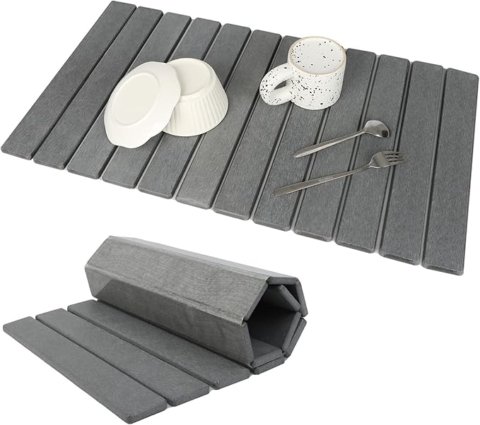 Extra Large Stone Dish Drying Mat for Kitchen Counter 28×16 Eco-friendlyInstant Drying PadDiatomaceous Earth Water Absorbing Mat Foldable and Super Absorbent Dish Drying Stone Mat Dark Gray