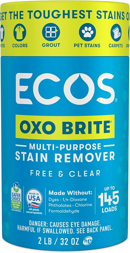 ECOS OXO BRITE Multi-Purpose Stain Remover Brightens &amp Whitens Free &amp Clear 145 Loads Plastic-Free Safer Choice Certified 2 lbs