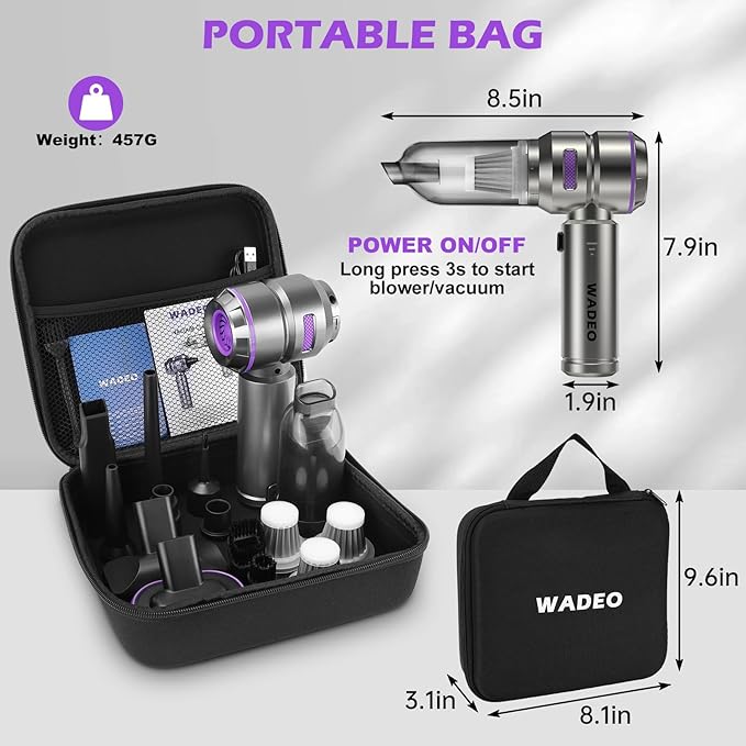 WADEO Handheld Vacuum Cordless 4-in-1 21000PA Brushless Car Vacuum &amp 210000RPM Air Duster 7500mAh Battery Air Blower Wireless Handheld Vacuum for Car Office and Home Cleaning