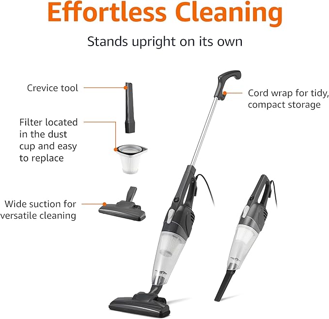 Amazon Basics 2-in-1 Corded Stick Vacuum Cleaner Converts to Handheld Lightweight (3.9 LBS) with Washable Filter Crevice Tools 0.5L Dust Cup Self-Standing 19.7-Ft Cord 300W Black