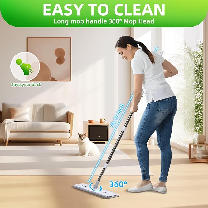 Mop and Bucket Set: 360° Flat Squeeze Mop with Long Handle &amp Wringer Bucket 6 Washable Microfiber Pads for Kitchen Bathroom Wall Cleaning Wet Dry Use Lovely Gift for Women