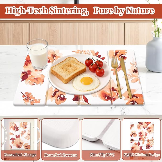 3 PCS Stone Dish Drying Mat for Kitchen Counter Quick Dry Foldable Stone Dishes Mats Water Absorbing Diatomaceous Earth Drying Organizer for Dishes Bottles Cups and Tableware (Orange)