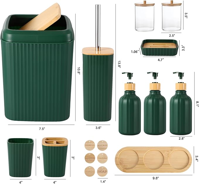 Bathroom Set 17PCS Bathroom Accessories with Trash Can 3PCS Lotion Soap DispenserBathroom Accessories Set Green Bathroom Sets for Bathroom Decor