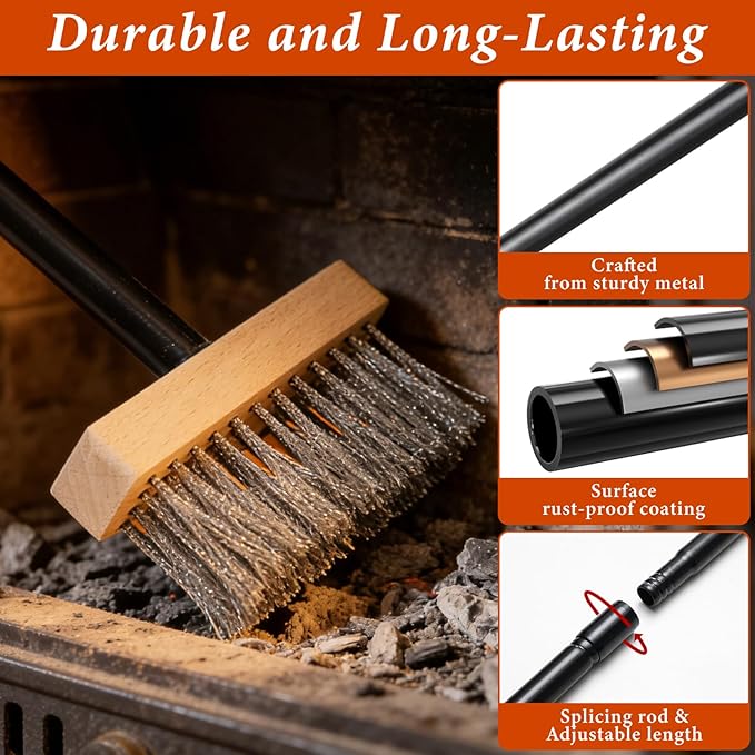 Fireplace Brush 43.3-Inch Heavy Duty Long Handle Metal Fireplace Brush Broom with Heat-Resistant Iron Bristles