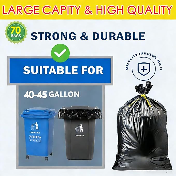45 Gallon Trash Bags Heavy Duty Large Plastics Garbage Bags 70 Count 2.0 Mil Extra Thick 36”x 44”Trash Can Liners Garbage Trash Bag for Industrial Home Kitchen Commercial Yard Lawn Leaf