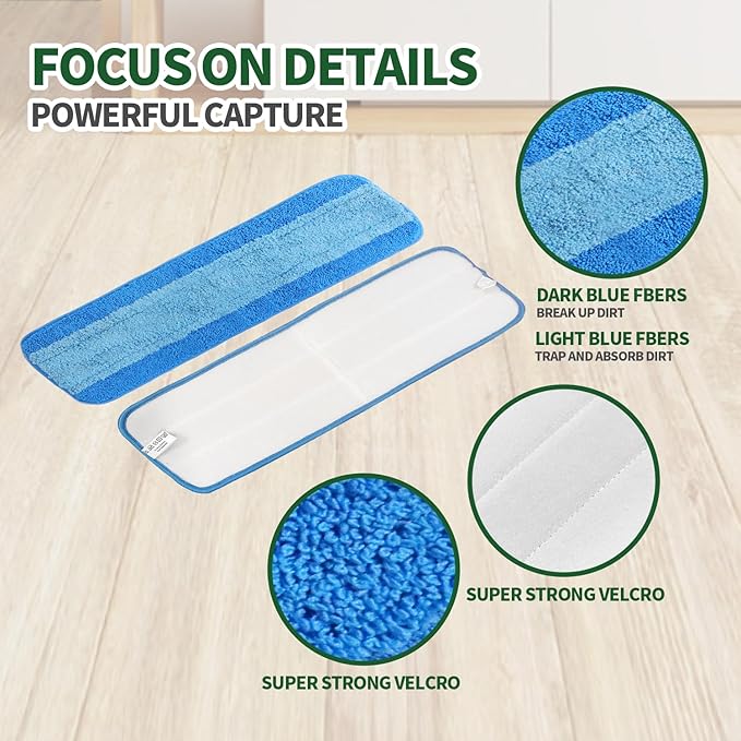 6 Pack Microfiber Cleaning Pads Reusable Microfiber Mop Pads for 18 Inch Mop Hardwood Floor Replacement Cleaning Mop Pads Machine Washes