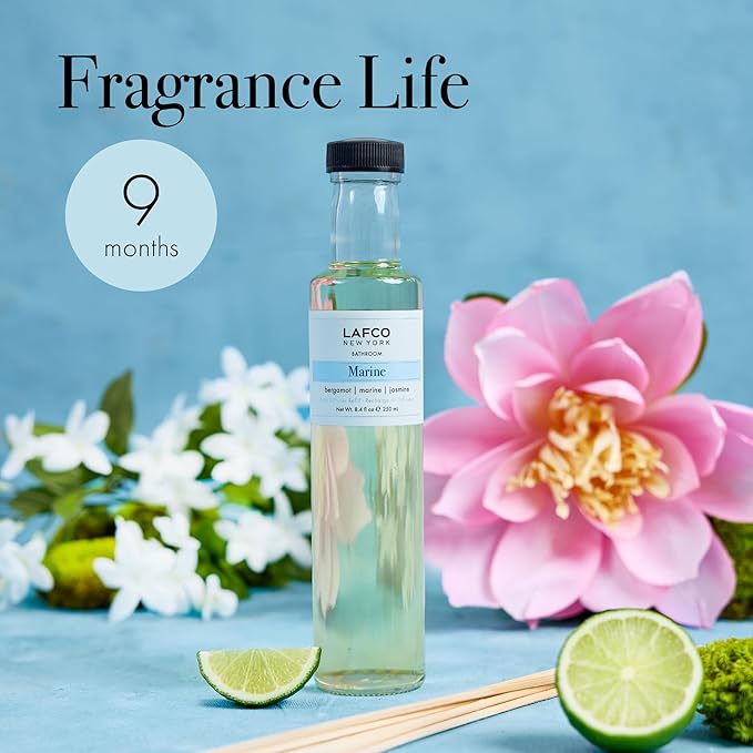LAFCO New York Signature Reed Diffuser Marine - 15 oz - Up to 9 Months Fragrance Life - Reusable Hand Blown Glass Vessel - Natural Wood Reeds - Made in The USA