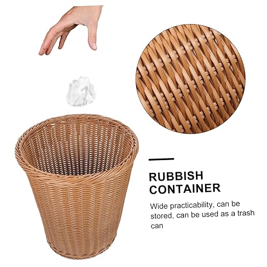 Luxshiny Imitated Rattan Woven Trash Basket Iron Trash Can Wicker Waste Basket Lid
